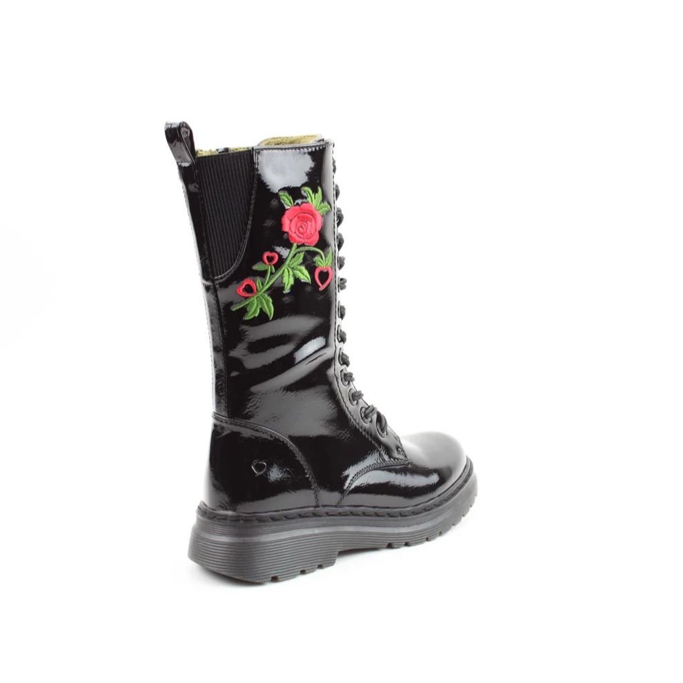 Heavenly Feet Avena2 Women's Lace Up / Zip Up Mid Calf Biker Style Boot Black Patent Rose