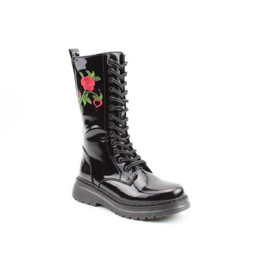 Heavenly Feet Avena2 Women's Lace Up / Zip Up Mid Calf Biker Style Boot Black Patent Rose
