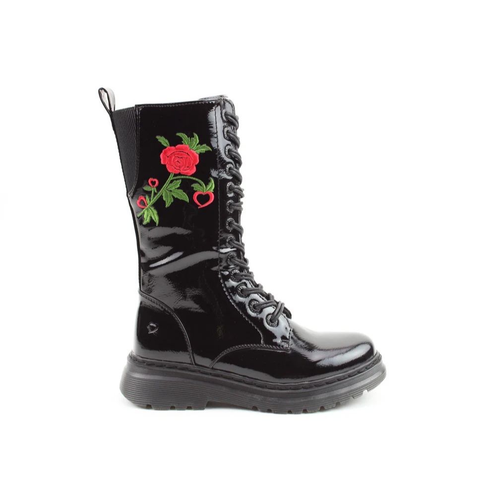 Heavenly Feet Avena2 Women's Lace Up / Zip Up Mid Calf Biker Style Boot Black Patent Rose